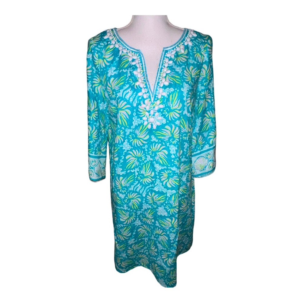 Lilly Pulitzer shell print 3/4 sleeve beach cover-up/dress with beading.